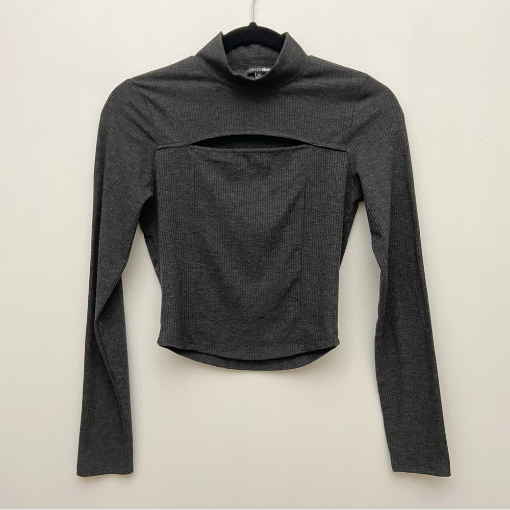 Fashion Nova Gray Ribbed Mock Neck Cut Out Cropped Long Sleeve Top